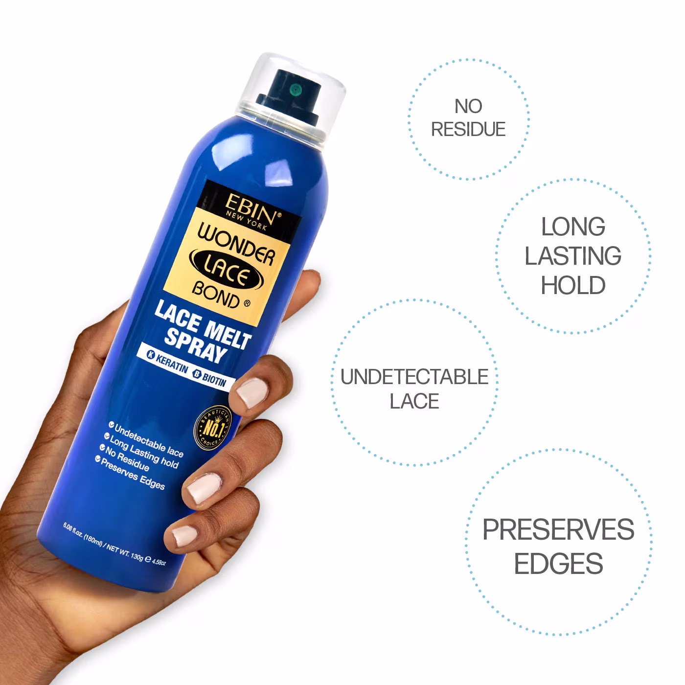Wonder Lace Melt Aerosol Spray - Keratin + Biotin Infused (180ml./ 6.08oz) - Preserves Edges & Undetectable Lace | Long lasting hold | No Residue