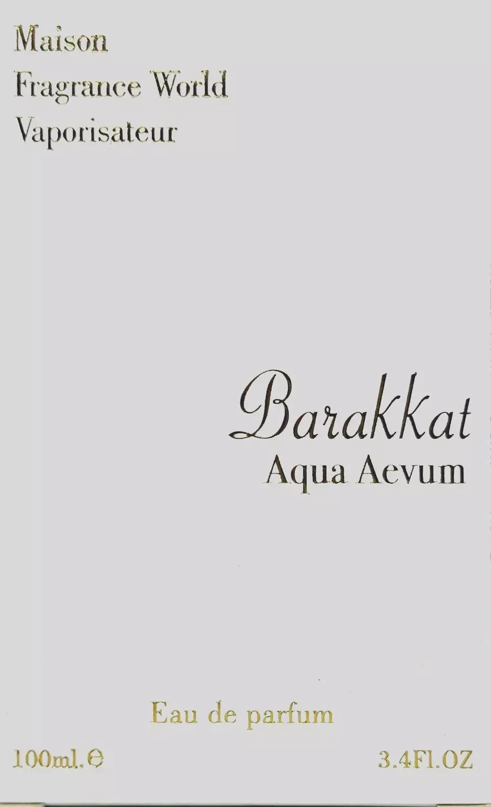 BARAKKAT AQUA AEVUM By FRAGRANCE WORLD EAU DE PARFUM SPRAY WOMEN 3.4 Oz / 100 ml